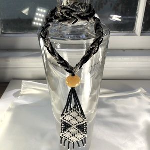 VINTAGE AMERICAN INDIAN BRAIDED BLACK & WHITE  BEADED-NECKLACE W/ YELLOW ACCENT